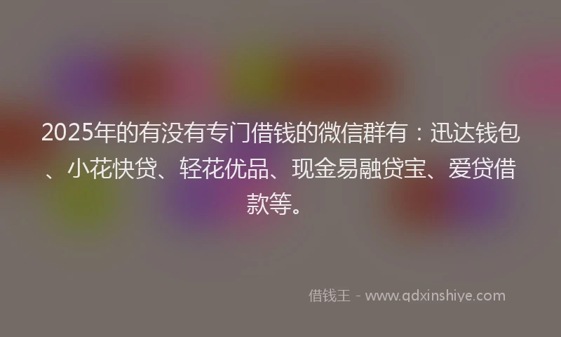 2025年的有没有专门借钱的微信群有：迅达钱包、小花快贷、轻花优品、现金易融贷宝、爱贷借款等。