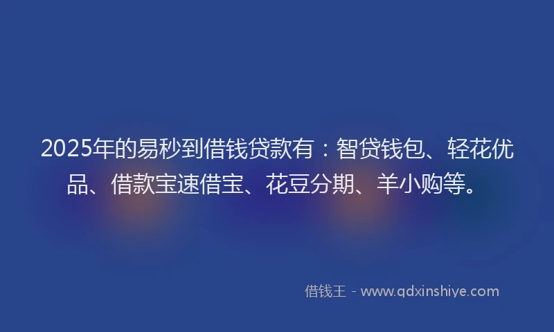 2025年的易秒到借钱贷款有：智贷钱包、轻花优品、借款宝速借宝、花豆分期、羊小购等。