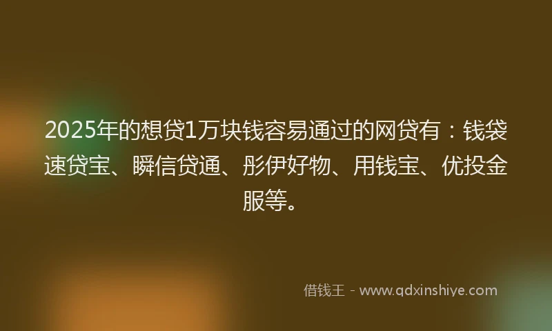2025年的想贷1万块钱容易通过的网贷有：钱袋速贷宝、瞬信贷通、彤伊好物、用钱宝、优投金服等。