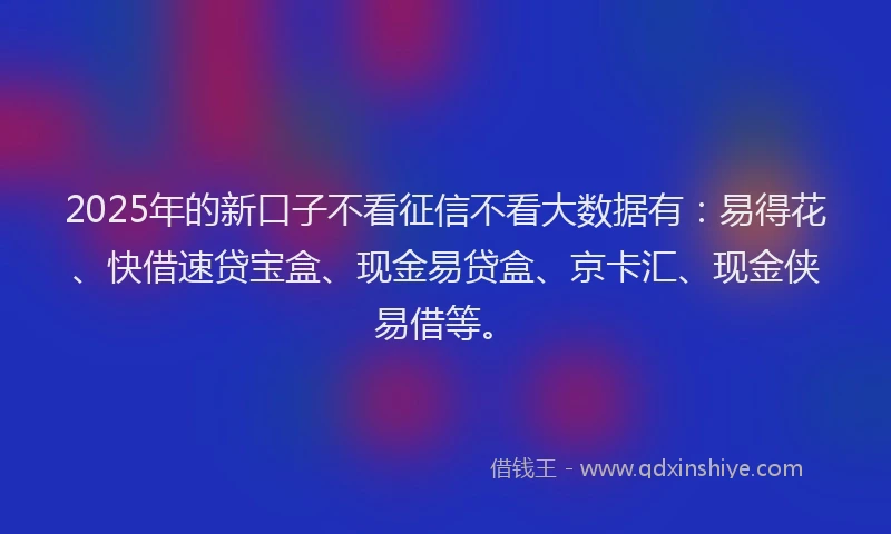 2025年的新口子不看征信不看大数据有：易得花、快借速贷宝盒、现金易贷盒、京卡汇、现金侠易借等。