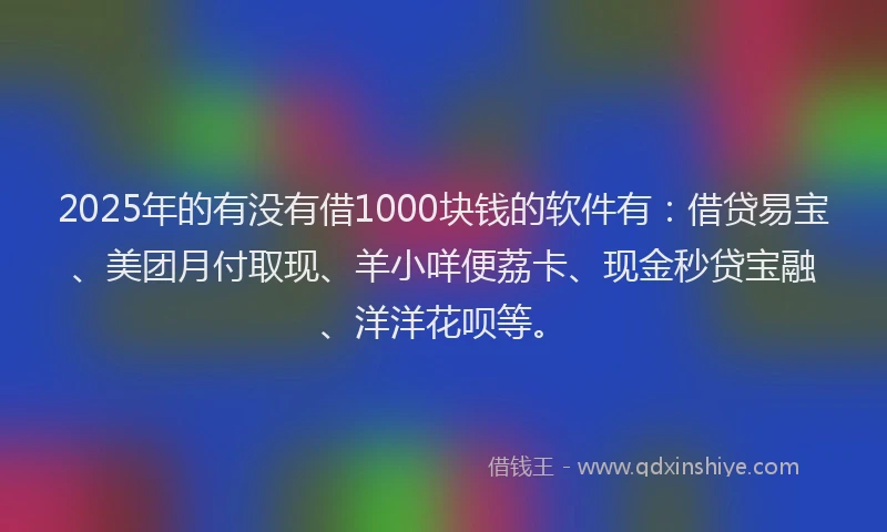 2025年的有没有借1000块钱的软件有：借贷易宝、美团月付取现、羊小咩便荔卡、现金秒贷宝融、洋洋花呗等。