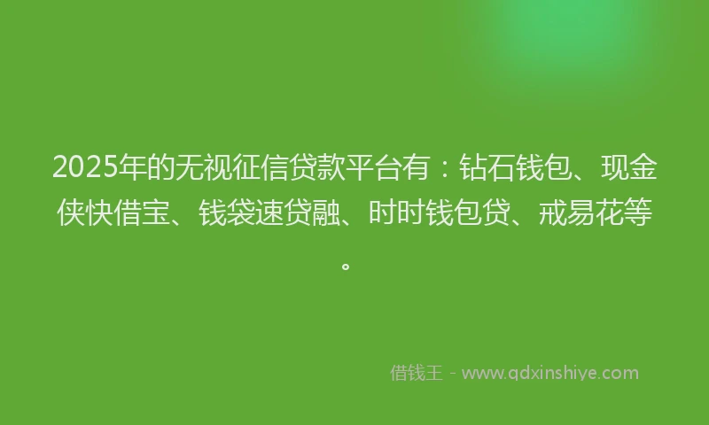 2025年的无视征信贷款平台有：钻石钱包、现金侠快借宝、钱袋速贷融、时时钱包贷、戒易花等。