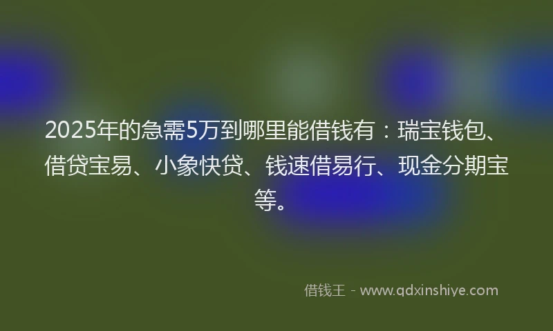 2025年的急需5万到哪里能借钱有：瑞宝钱包、借贷宝易、小象快贷、钱速借易行、现金分期宝等。