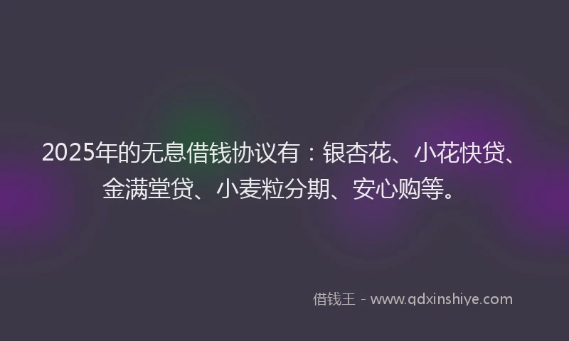 2025年的无息借钱协议有：银杏花、小花快贷、金满堂贷、小麦粒分期、安心购等。