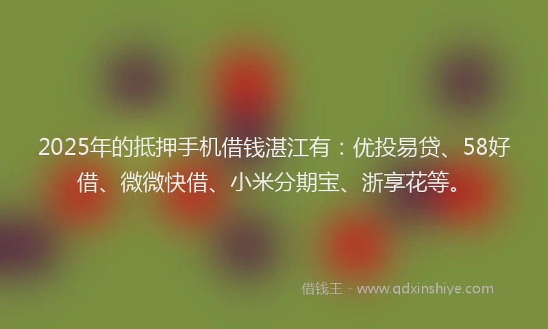 2025年的抵押手机借钱湛江有:优投易贷、58好借、微微快借、小米分期宝、浙享花等。