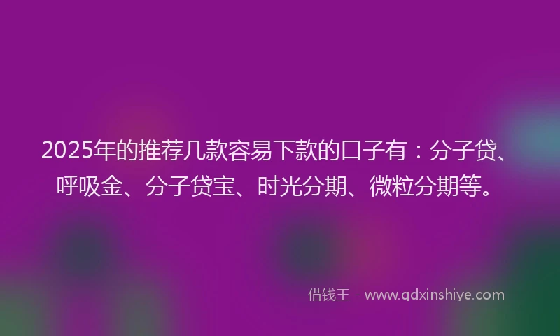 2025年的推荐几款容易下款的口子有：分子贷、呼吸金、分子贷宝、时光分期、微粒分期等。
