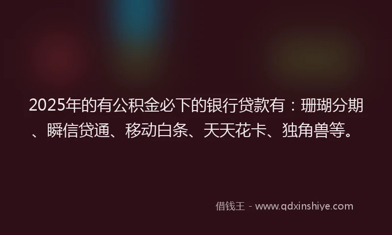 2025年的有公积金必下的银行贷款有：珊瑚分期、瞬信贷通、移动白条、天天花卡、独角兽等。