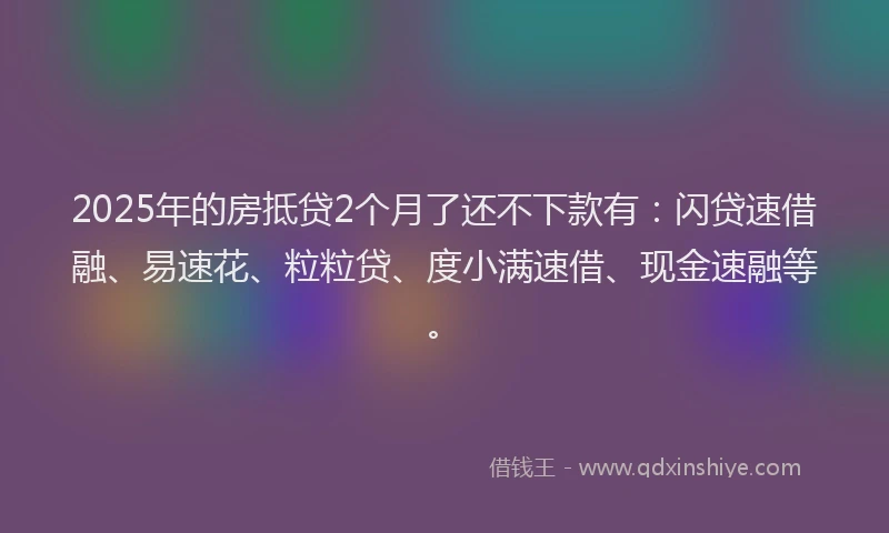 2025年的房抵贷2个月了还不下款有：闪贷速借融、易速花、粒粒贷、度小满速借、现金速融等。