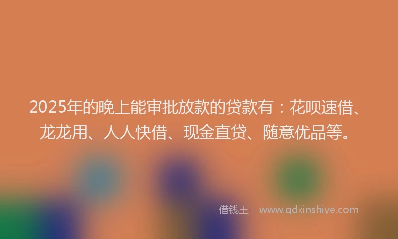 2025年的晚上能审批放款的贷款有：花呗速借、龙龙用、人人快借、现金直贷、随意优品等。