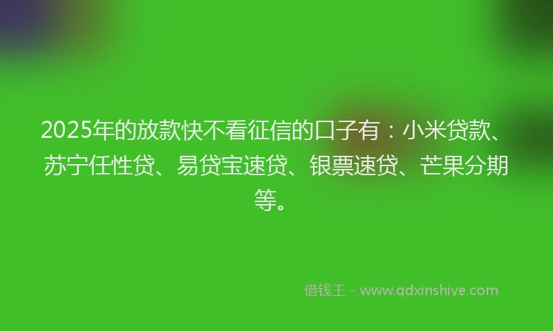 2025年的放款快不看征信的口子有：小米贷款、苏宁任性贷、易贷宝速贷、银票速贷、芒果分期等。