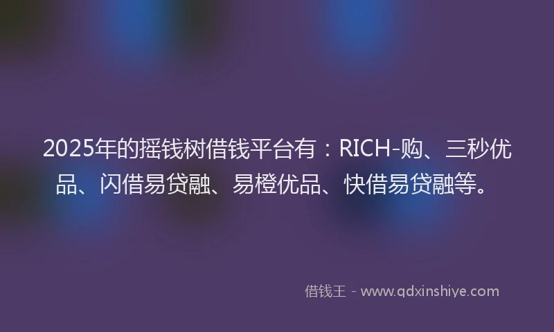 2025年的摇钱树借钱平台有：RICH-购、三秒优品、闪借易贷融、易橙优品、快借易贷融等。