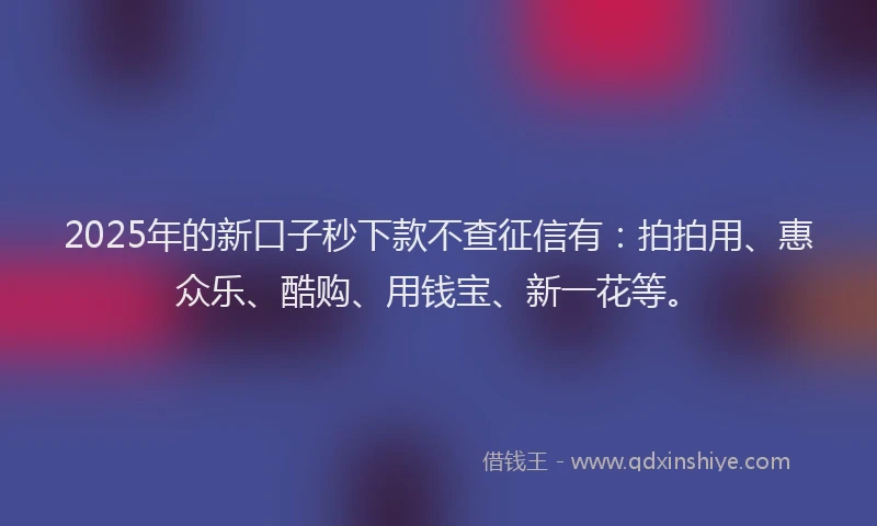 2025年的新口子秒下款不查征信有：拍拍用、惠众乐、酷购、用钱宝、新一花等。