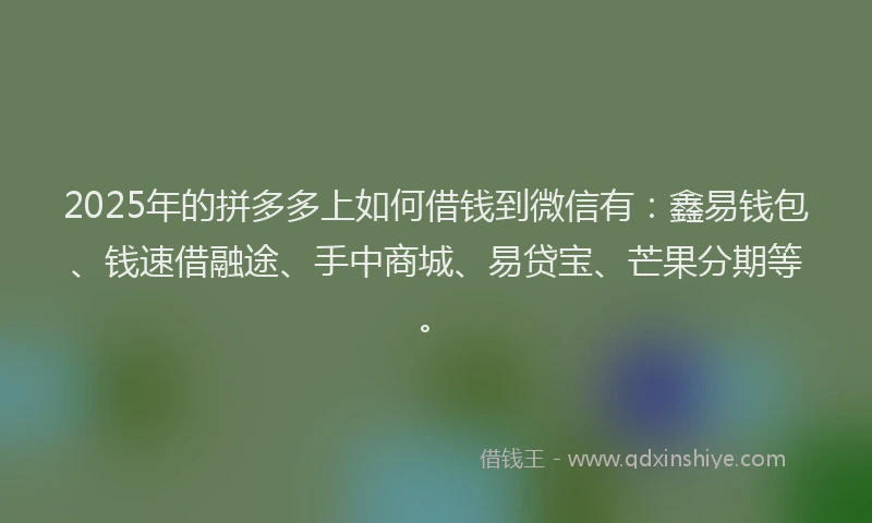 2025年的拼多多上如何借钱到微信有：鑫易钱包、钱速借融途、手中商城、易贷宝、芒果分期等。