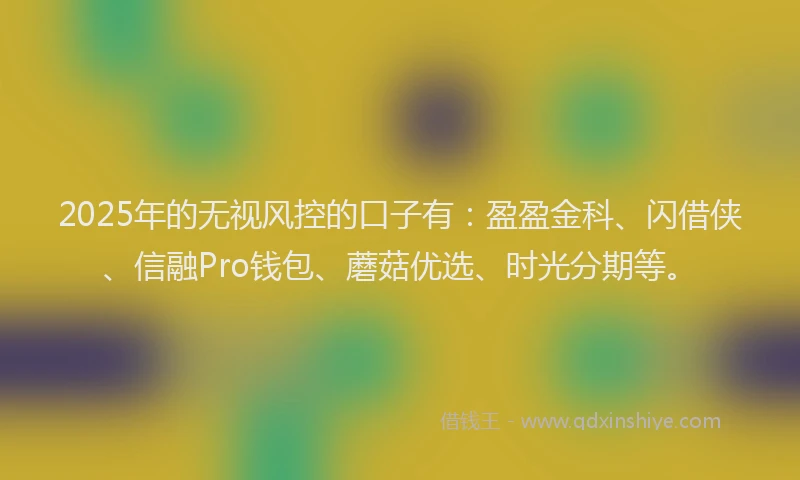 2025年的无视风控的口子有：盈盈金科、闪借侠、信融Pro钱包、蘑菇优选、时光分期等。