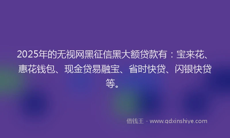 2025年的无视网黑征信黑大额贷款有：宝来花、惠花钱包、现金贷易融宝、省时快贷、闪银快贷等。