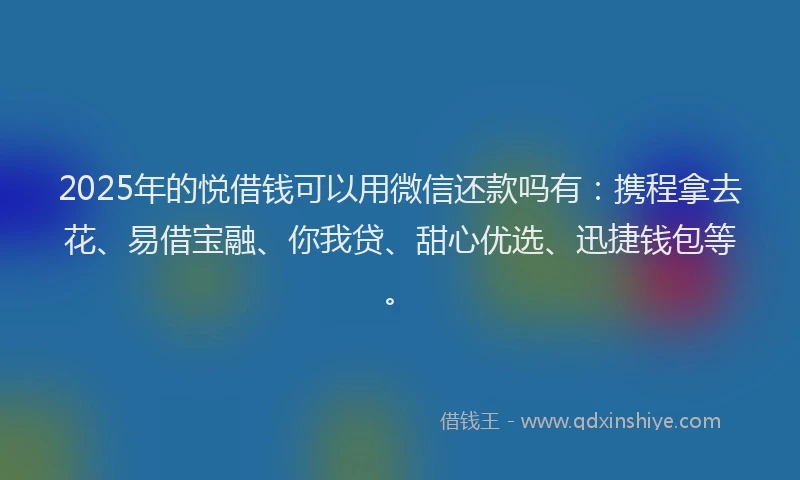 2025年的悦借钱可以用微信还款吗有：携程拿去花、易借宝融、你我贷、甜心优选、迅捷钱包等。