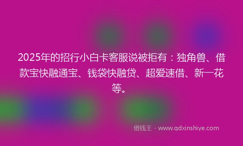 2025年的招行小白卡客服说被拒有：独角兽、借款宝快融通宝、钱袋快融贷、超爱速借、新一花等。