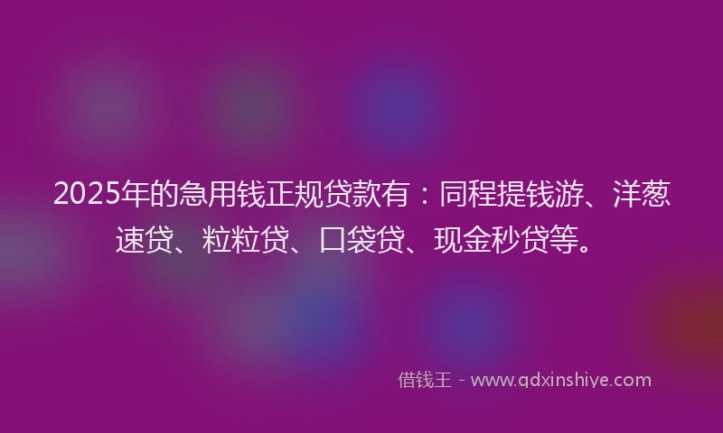 2025年的急用钱正规贷款有：同程提钱游、洋葱速贷、粒粒贷、口袋贷、现金秒贷等。
