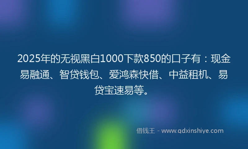 2025年的无视黑白1000下款850的口子有：现金易融通、智贷钱包、爱鸿森快借、中益租机、易贷宝速易等。