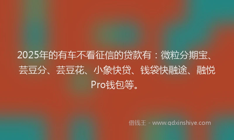 2025年的有车不看征信的贷款有：微粒分期宝、芸豆分、芸豆花、小象快贷、钱袋快融途、融悦Pro钱包等。