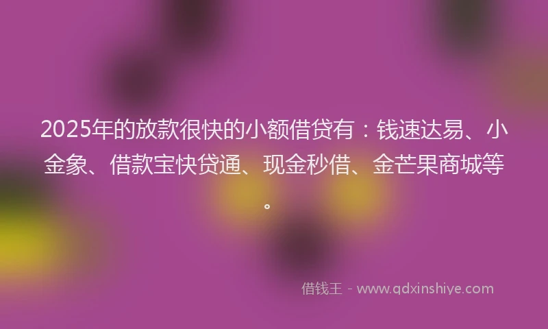 2025年的放款很快的小额借贷有：钱速达易、小金象、借款宝快贷通、现金秒借、金芒果商城等。
