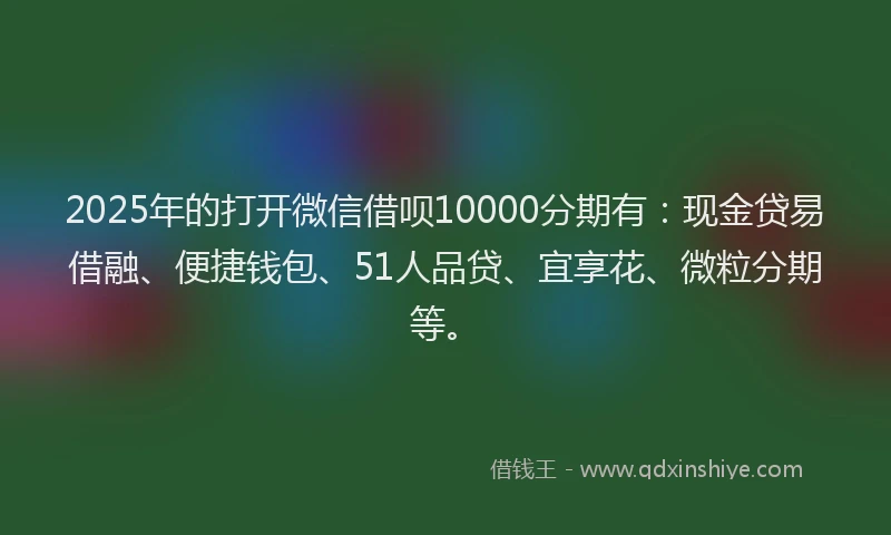 2025年的打开微信借呗10000分期有：现金贷易借融、便捷钱包、51人品贷、宜享花、微粒分期等。