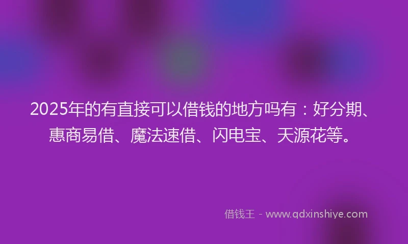 2025年的有直接可以借钱的地方吗有：好分期、惠商易借、魔法速借、闪电宝、天源花等。