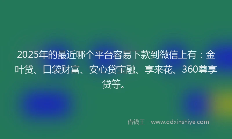 2025年的最近哪个平台容易下款到微信上有：金叶贷、口袋财富、安心贷宝融、享来花、360尊享贷等。