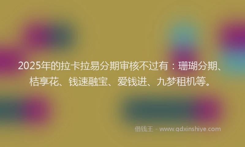 2025年的拉卡拉易分期审核不过有：珊瑚分期、桔享花、钱速融宝、爱钱进、九梦租机等。