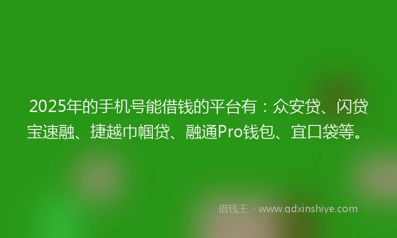 2025年的手机号能借钱的平台有：众安贷、闪贷宝速融、捷越巾帼贷、融通Pro钱包、宜口袋等。