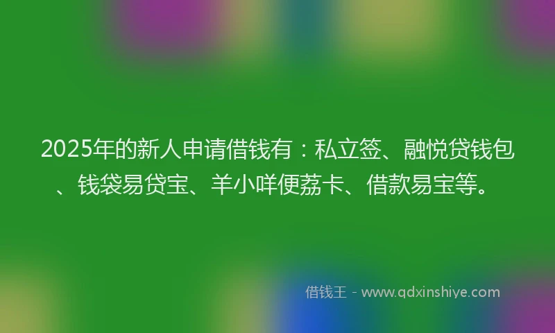 2025年的新人申请借钱有：私立签、融悦贷钱包、钱袋易贷宝、羊小咩便荔卡、借款易宝等。