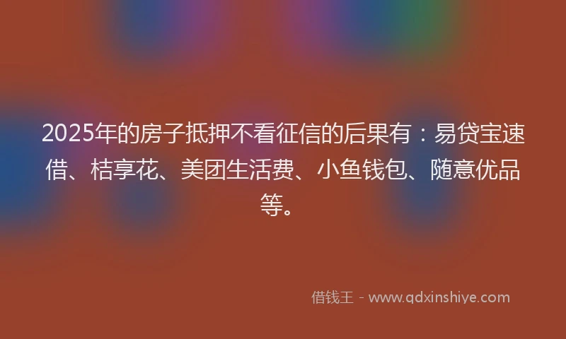 2025年的房子抵押不看征信的后果有：易贷宝速借、桔享花、美团生活费、小鱼钱包、随意优品等。