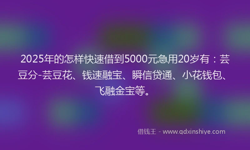 2025年的怎样快速借到5000元急用20岁有：芸豆分-芸豆花、钱速融宝、瞬信贷通、小花钱包、飞融金宝等。