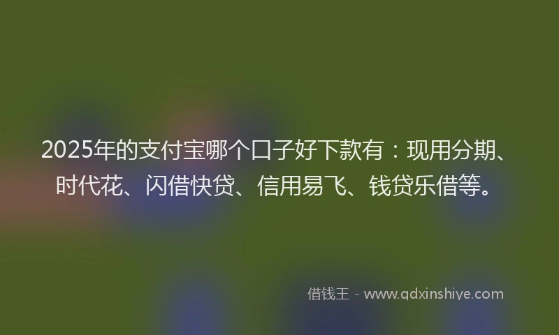 2025年的支付宝哪个口子好下款有：现用分期、时代花、闪借快贷、信用易飞、钱贷乐借等。