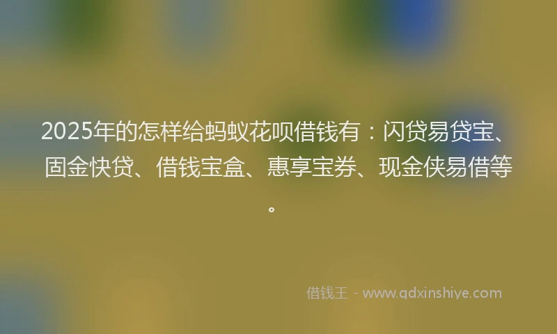 2025年的怎样给蚂蚁花呗借钱有：闪贷易贷宝、固金快贷、借钱宝盒、惠享宝券、现金侠易借等。