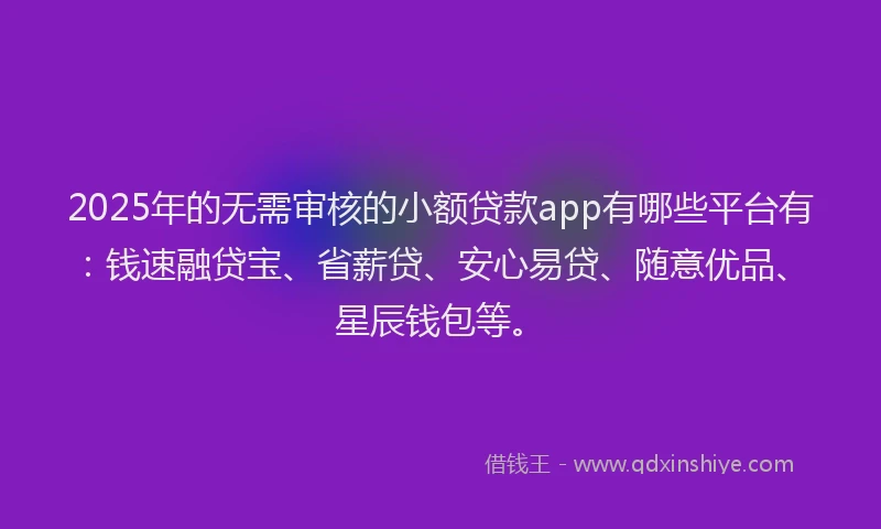 2025年的无需审核的小额贷款app有哪些平台有：钱速融贷宝、省薪贷、安心易贷、随意优品、星辰钱包等。