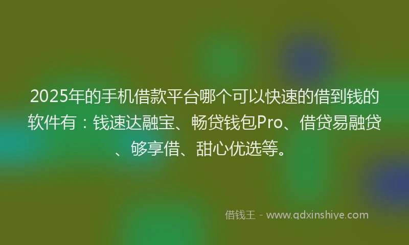 2025年的手机借款平台哪个可以快速的借到钱的软件有：钱速达融宝、畅贷钱包Pro、借贷易融贷、够享借、甜心优选等。