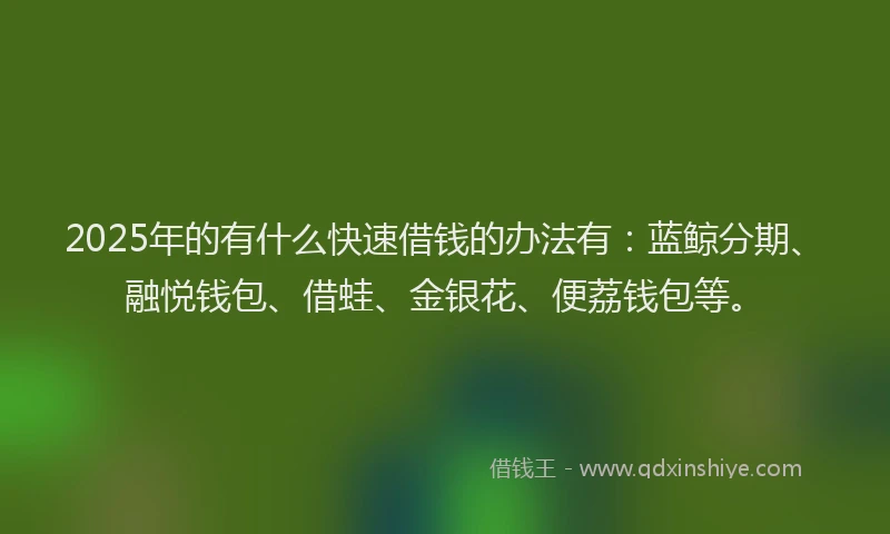 2025年的有什么快速借钱的办法有：蓝鲸分期、融悦钱包、借蛙、金银花、便荔钱包等。