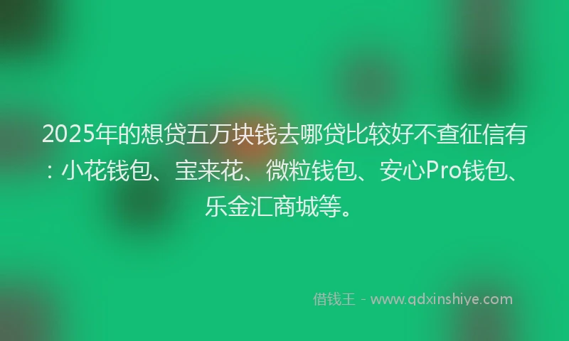 2025年的想贷五万块钱去哪贷比较好不查征信有：小花钱包、宝来花、微粒钱包、安心Pro钱包、乐金汇商城等。