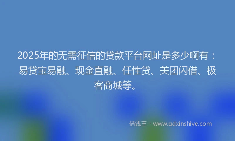 2025年的无需征信的贷款平台网址是多少啊有：易贷宝易融、现金直融、任性贷、美团闪借、极客商城等。