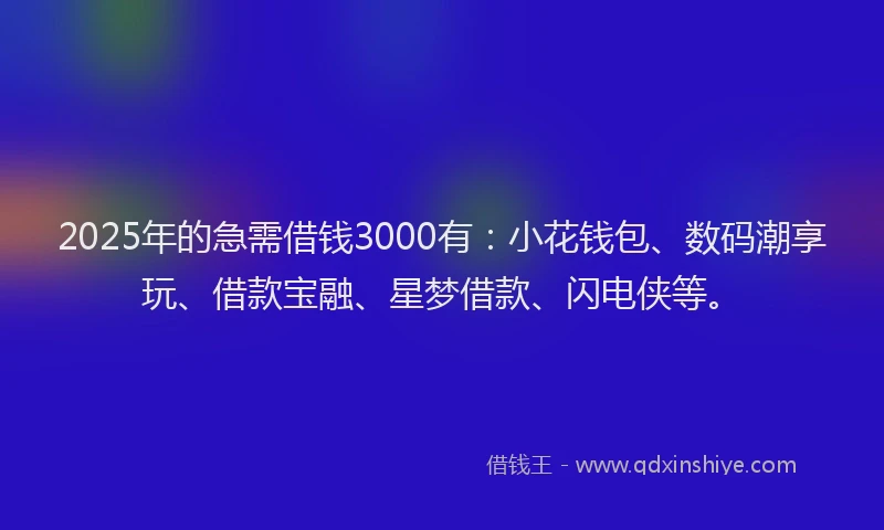 2025年的急需借钱3000有：小花钱包、数码潮享玩、借款宝融、星梦借款、闪电侠等。