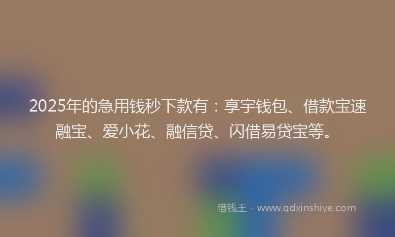 2025年的急用钱秒下款有：享宇钱包、借款宝速融宝、爱小花、融信贷、闪借易贷宝等。