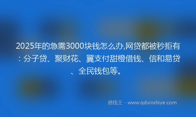 2025年的急需3000块钱怎么办,网贷都被秒拒有：分子贷、聚财花、翼支付甜橙借钱、信和易贷、全民钱包等。