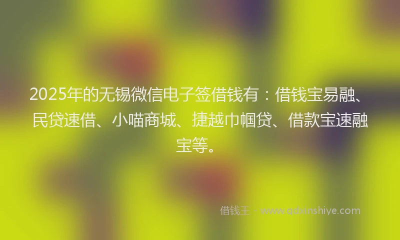 2025年的无锡微信电子签借钱有：借钱宝易融、民贷速借、小喵商城、捷越巾帼贷、借款宝速融宝等。