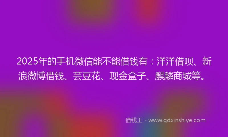 2025年的手机微信能不能借钱有：洋洋借呗、新浪微博借钱、芸豆花、现金盒子、麒麟商城等。