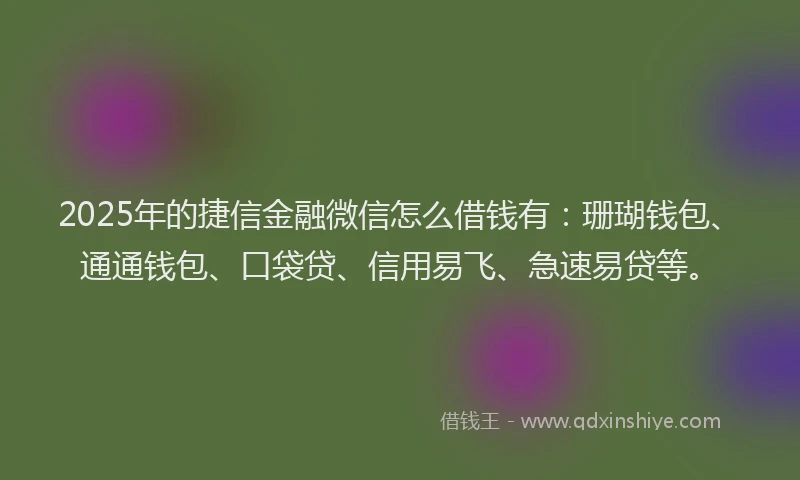 2025年的捷信金融微信怎么借钱有：珊瑚钱包、通通钱包、口袋贷、信用易飞、急速易贷等。