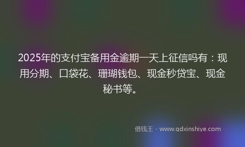 2025年的支付宝备用金逾期一天上征信吗有：现用分期、口袋花、珊瑚钱包、现金秒贷宝、现金秘书等。