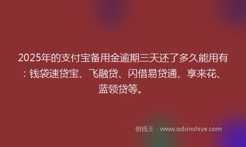 2025年的支付宝备用金逾期三天还了多久能用有：钱袋速贷宝、飞融贷、闪借易贷通、享来花、蓝领贷等。