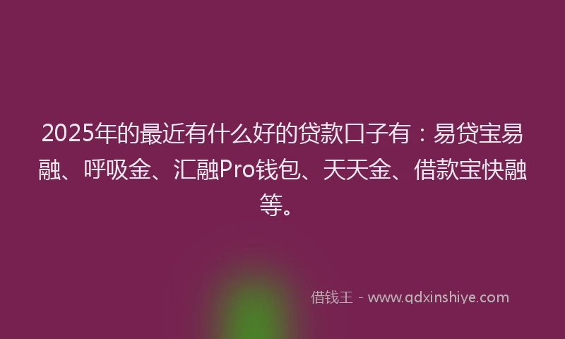 2025年的最近有什么好的贷款口子有：易贷宝易融、呼吸金、汇融Pro钱包、天天金、借款宝快融等。