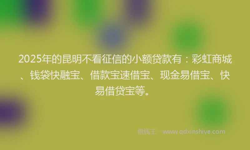 2025年的昆明不看征信的小额贷款有：彩虹商城、钱袋快融宝、借款宝速借宝、现金易借宝、快易借贷宝等。